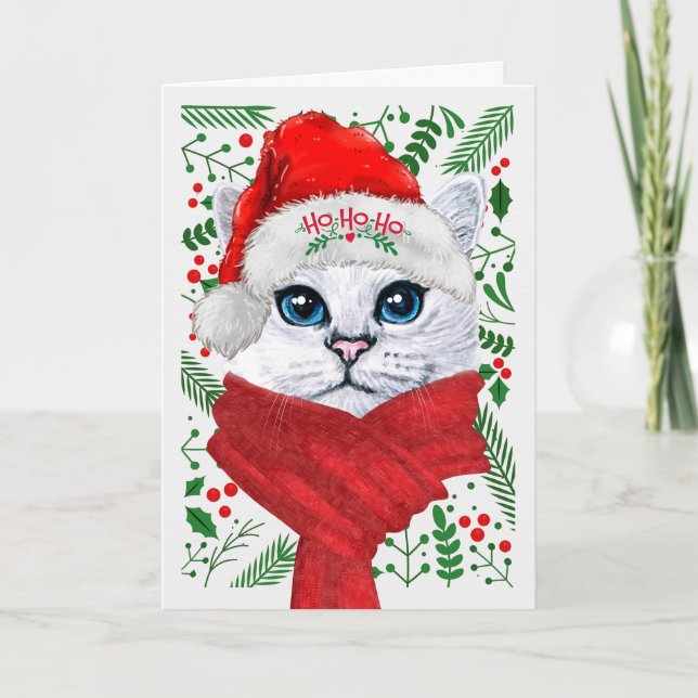 Cartão De Festividades Fósforo norueguês Cat Santa Hat Feliz Natal (Frente)
