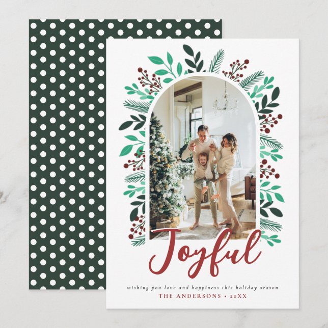 Cartão De Festividades Foto alegre do Arch de Natal Berries Foliage Verde (Frente/Verso)