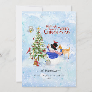 Cartão De Festividades Foto Aquarela Boneco de Neve Árvore de Natal Cervo