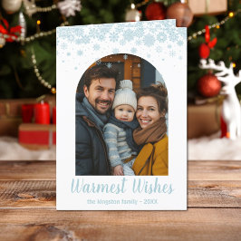 Cartão De Festividades Foto Archada com Floco de Neve Azul Minimalista