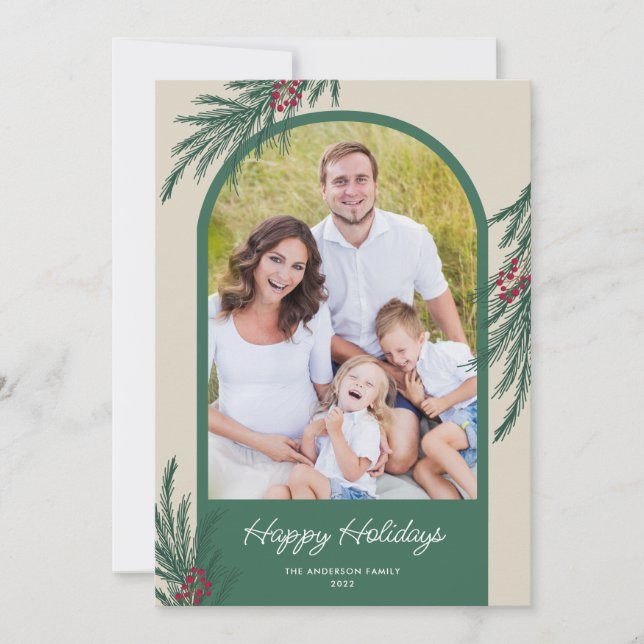 Cartão De Festividades Foto Arqueada Feliz Natal Verde de Inverno (Frente)