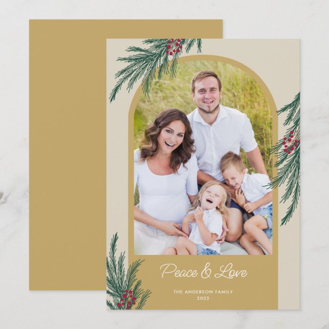 Cartão De Festividades Foto Arqueada Folhagem de Inverno Paz & Amor (Frente/Verso)