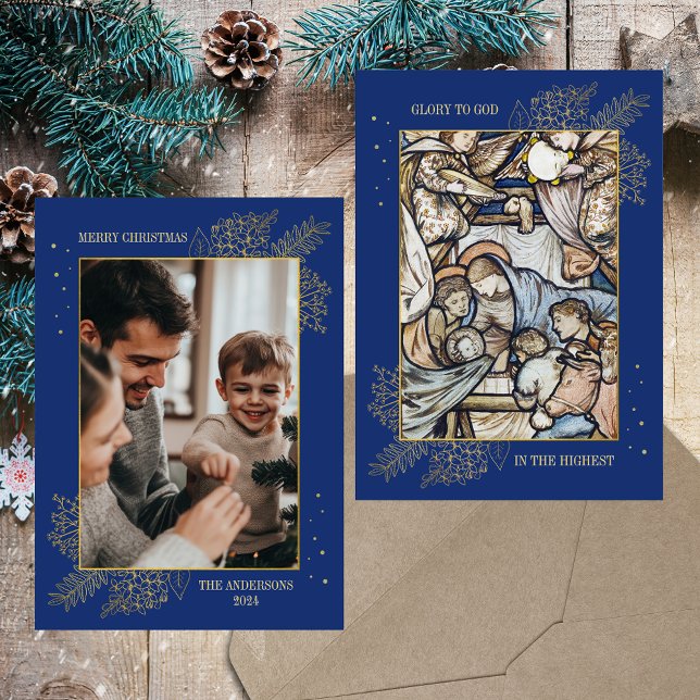 Cartão De Festividades Foto azul cristã católica religiosa de Natal (Christmas Nativity Religious Christian Catholic Elegant Modern Blue Custom Photo Holiday Card)