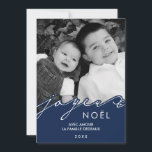 Cartão De Festividades Foto azul de Joyeux Noël<br><div class="desc">Personalize estes cartões de foto de Natal modernos e originais com suas imagens favoritas da família e mensagem feita sob encomenda.</div>