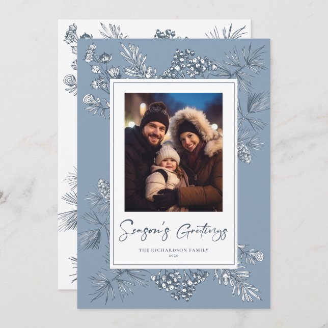 Cartão De Festividades Foto Azul de Natal Botânico (Frente/Verso)