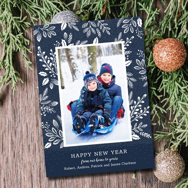 Cartão De Festividades Foto azul do Marinho feliz ano novo (Happy New Year Navy Blue Photo Holiday Cards - Order INSTANT DOWNLOAD and/or PRINTED or both!)