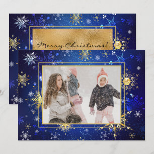 Cartão De Festividades Foto Azul Dourado Floco de Neve Natal Xmas Feriado