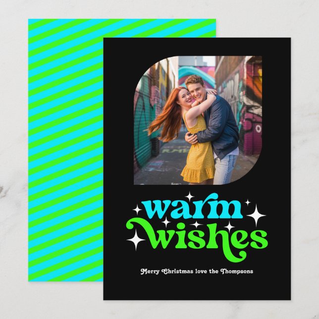 Cartão De Festividades Foto Azul Elétrica e Verde Neon de Natal Retrô (Frente/Verso)