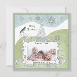 Cartão De Festividades Foto Azul Floco de Neve Pássaro Árvore de Natal