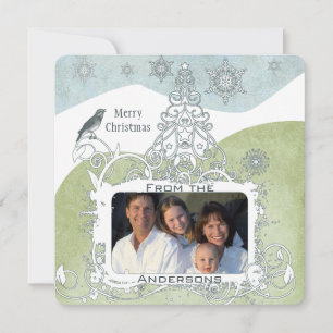 Cartão De Festividades Foto Azul Floco de Neve Pássaro Árvore de Natal