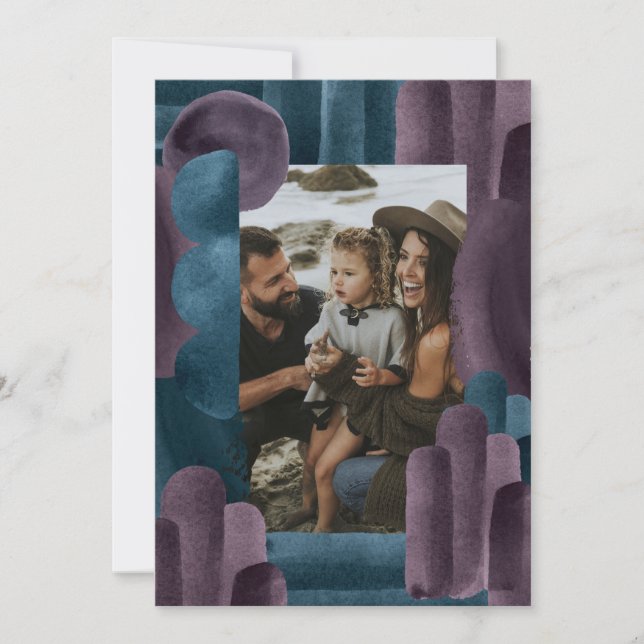 Cartão De Festividades Foto azul-púrpura de aquarela Natal (Frente)