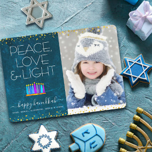 Cartão De Festividades Foto Blue Hanukkah Menorah Peace Love Light Type