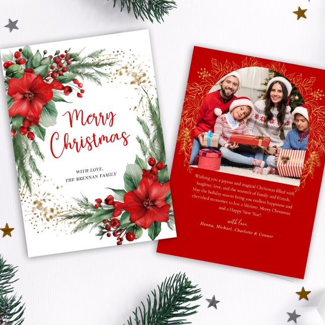 Cartão De Festividades Foto Botânica de Feliz Natal Vermelho (Red Merry Christmas Botanical Photo Holiday Card)