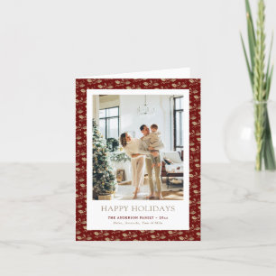 Cartão De Festividades Foto Botânica Elegante em Dourado e Vermelho