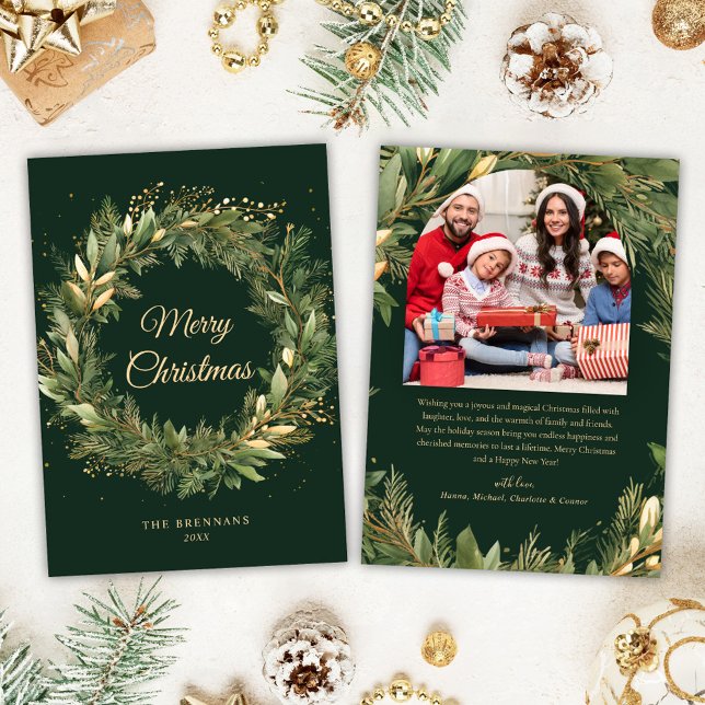 Cartão De Festividades Foto Botânica Verde Elegante de Natal (Christmas Elegant Green Botanical Modern Photo Holiday Card)