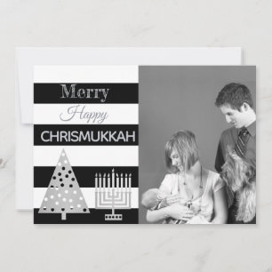 Cartão De Festividades Foto Chrismukkah Black and White Strike Silver