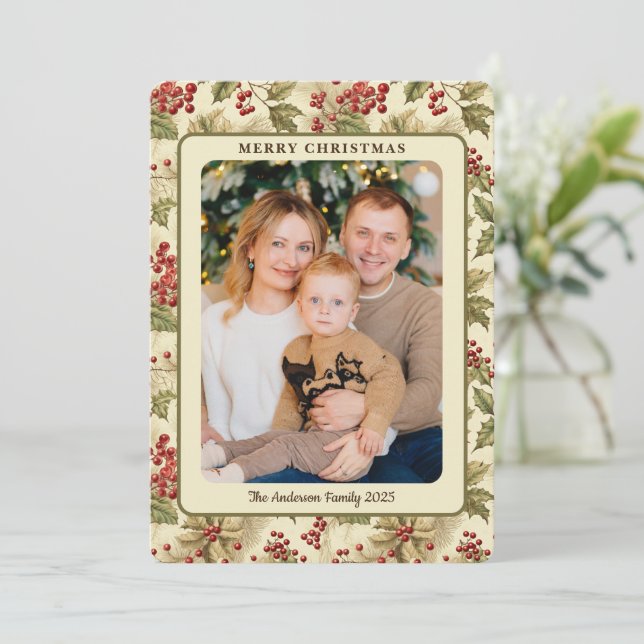 Cartão De Festividades Foto Clássica de Natal com Folhas de Azevinho Vint (Em pé/Frente)
