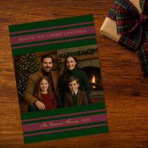 Cartão De Festividades Foto Clássica de Natal da Família com Listras Verd