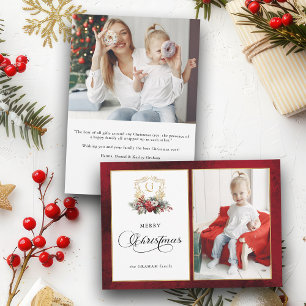 Cartão De Festividades Foto Clássica de Natal Floral Crest