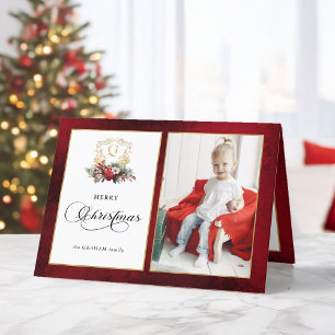 Cartão De Festividades Foto Clássica de Natal Floral Crest