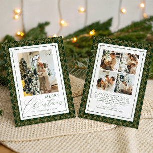 Cartão De Festividades Foto Clássica de Natal Xadrez Verde e Amarelo