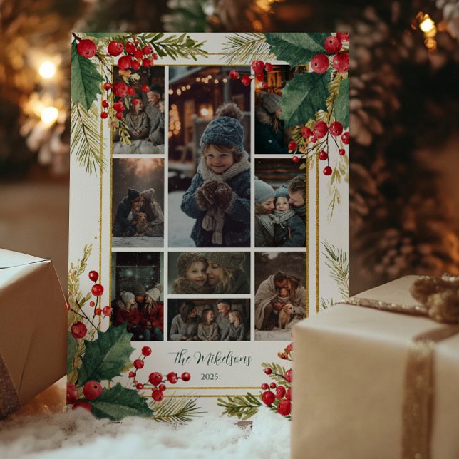 Cartão De Festividades Foto Clássica Holly Berry Festa de Natal (Criador carregado)