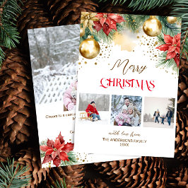 Cartão De Festividades Foto colagem de ouro vermelho poinsettia Natal