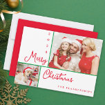 Cartão De Festividades Foto Collage Modern Red Script Natal<br><div class="desc">Envie um cartão de férias com duas fotos personalizáveis da família em suas roupas de férias e não esqueça o animal de estimação da família. Cada fotografia é limitada e ligada a uma linha verde fina e toda a tipografia está em vermelho tradicional de Natal.</div>