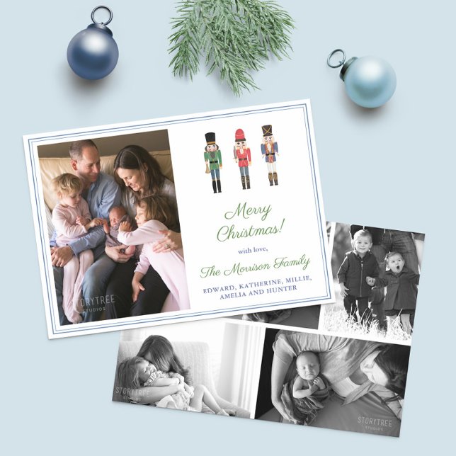 Cartão De Festividades Foto Collage Nutcracker Feliz Natal (Retro watercolor wooden Nutcrackers Merry Christmas photo holidays cards)