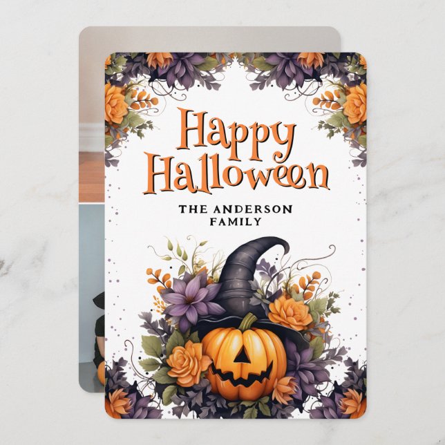 Cartão De Festividades Foto Collage Pumpkin Witch Hat Halloween Card (Frente/Verso)