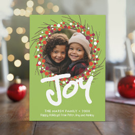 Cartão De Festividades Foto com a Farmhouse Berry Wreath - Joy Red Green