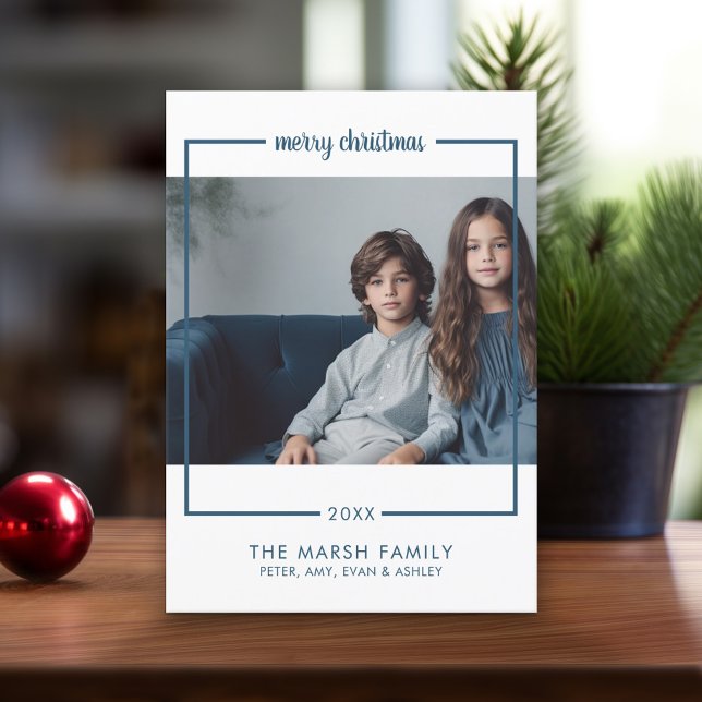 Cartão De Festividades Foto com Borda Mínima de Feliz Natal azul (Online Christmas Card - Print and Download Options)