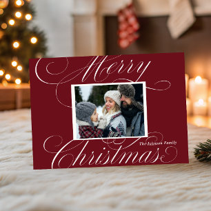 Cartão De Festividades Foto com Letra de Natal Alegre Vermelha Elegante 