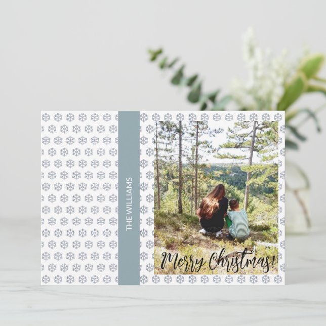 Cartão De Festividades Foto com moldura de Natal Flocos de Neve Branco Az (Em pé/Frente)