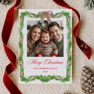 Cartão De Festividades Foto com Moldura de Verde com Laço Xadrez