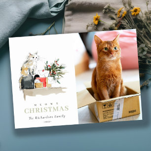 Cartão De Festividades Foto Cóta Aquarela Feliz Gato de Natal Feliz