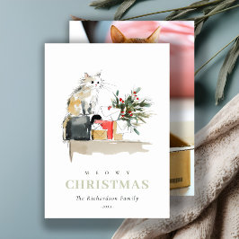 Cartão De Festividades Foto Cóta Aquarela Feliz Gato de Natal Feliz