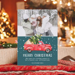 Cartão De Festividades Foto da árvore de Natal do caminhão vermelho da Vi<br><div class="desc">Feliz Natal! Vintage retro a ilustração aquosa do caminhão vermelho e árvore de Natal verde com neve branca em verde-escuro,  adicione 1 foto. Cartão perfeito para o inverno e feriados.</div>