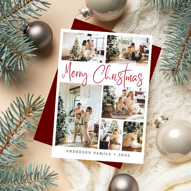 Cartão De Festividades Foto da Caligrafia de Natal Elegante Red Merry (Criador carregado)