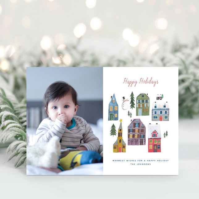Cartão De Festividades Foto da Cena da Vila de inverno (Cute Winter House Village Scene Photo Christmas Holiday Card)