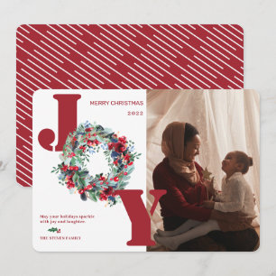 Cartão De Festividades Foto da coroa floral moderna, Natal Joy Red