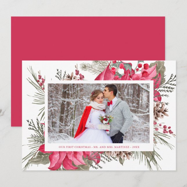 Cartão De Festividades Foto da Elegante Poinsettia Vermelha em nosso Prim (Frente/Verso)