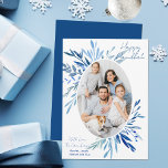 Cartão De Festividades Foto da Família Botânica Azul Chic Happy Hanukkah<br><div class="desc">Linda botânica de aquarela azul sai primavera da sua fotografia vertical da família judia para um Hanukkah feliz. Personalize este cartão com fotos chic Chanukah.</div>