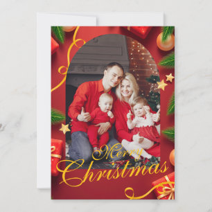 Cartão De Festividades Foto da Família com Enfeite Vermelho Natal Feliz