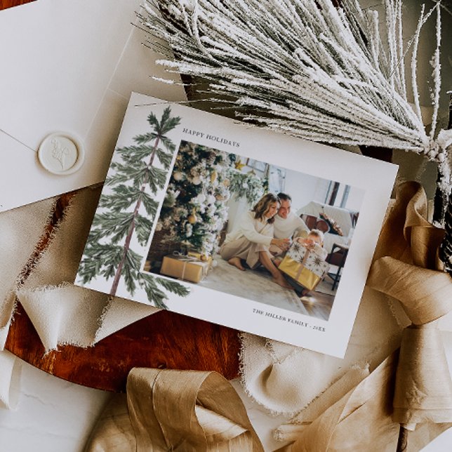 Cartão De Festividades Foto da Família de Árvores de Natal com Aquarela M (Minimal Modern Christmas Card with Photo)