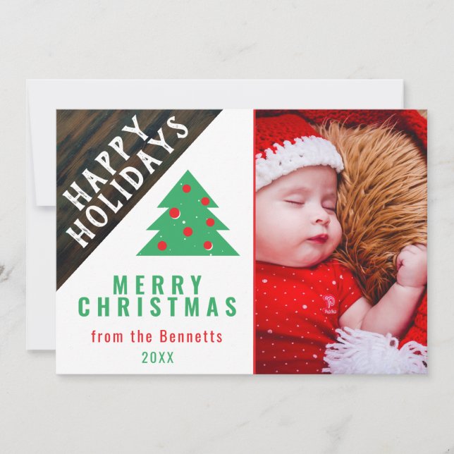 Cartão De Festividades Foto da Família de Árvores de Natal Verde Rústica  (Frente)