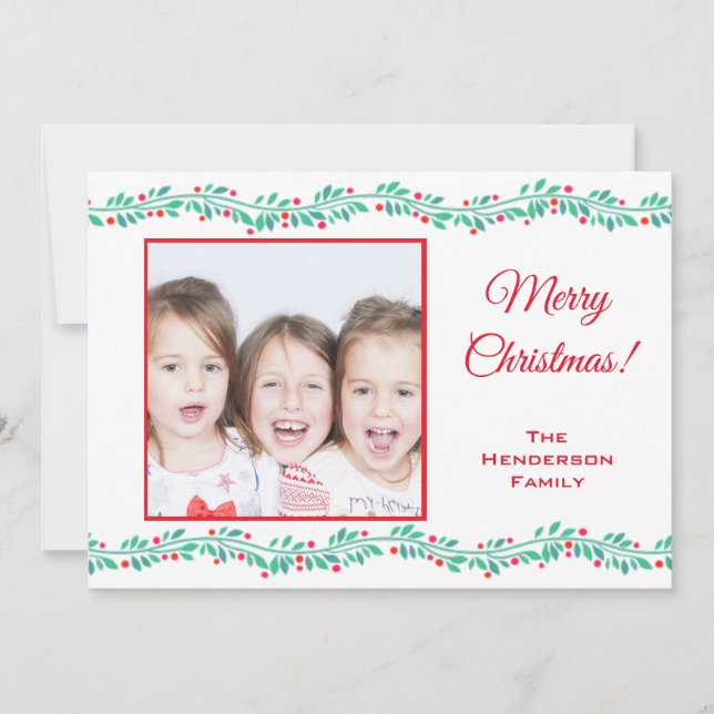 Cartão De Festividades Foto da família de Natal feliz e moderno Holly Ber (Frente)