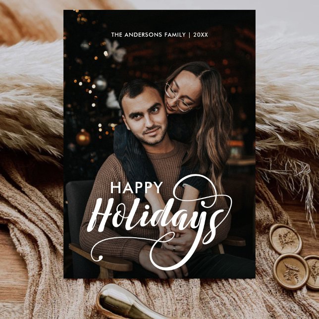 Cartão De Festividades Foto da família de Natal feliz moderno Tartan (Criador carregado)