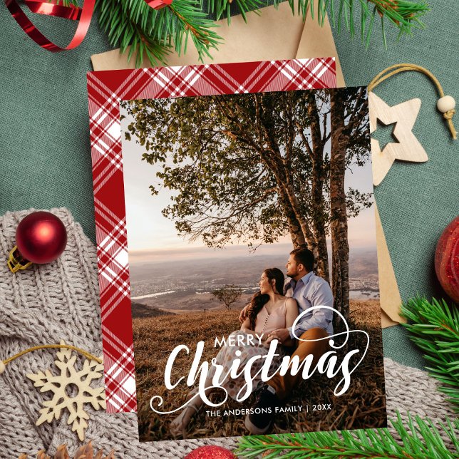 Cartão De Festividades Foto da família de Natal feliz moderno Tartan (Criador carregado)