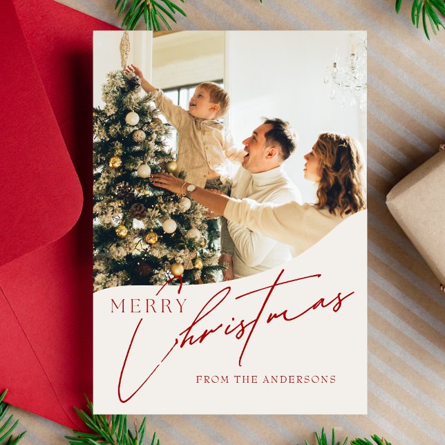 Cartão De Festividades Foto da família de Natal Moderno, Vermelho e Feliz (Criador carregado)